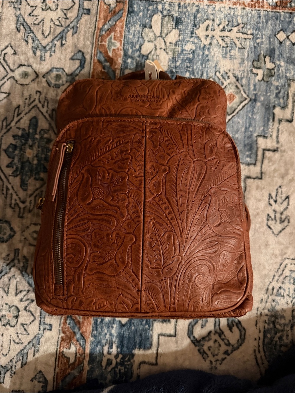 American West Hand-Tooled Brown Leather Backpack with Floral Embossing